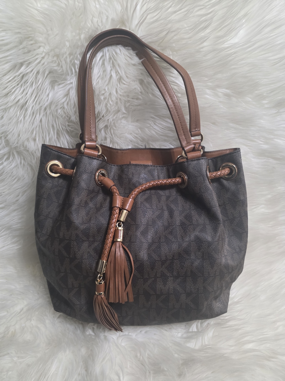 Michael Kors Brown Logo Drawstring Shoulder Bag with Tan Trim